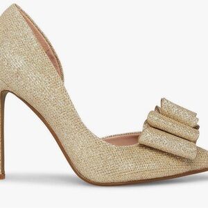 Authentic Betsey Johnson Prince Gold Glitter Bow Heels, Size 6.5, NIB